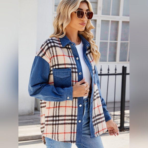 Plaid Long Sleeve Denim Jacket - Picture 2 of 9